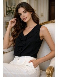 αμάνικη μπλούζα με βολάν και λαιμόκοψη v σε μαύρο χρώμα | dress up μαύρο