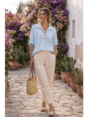 γυναικεία ριγέ μπλούζα με γιακά και κουμπιά – άνετη γραμμή σε προσφορά