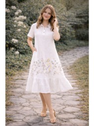 midi φόρεμα με κέντημα και γιακά – αέρινη γραμμή με βολάν καλοκαιρινό look - άσπρο | dress up άσπρο