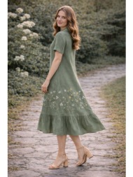 midi φόρεμα με κέντημα και γιακά – αέρινη γραμμή με βολάν καλοκαιρινό look - χακί | dress up χακί