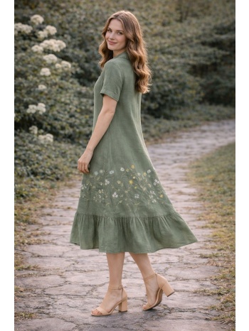 midi φόρεμα με κέντημα και γιακά – αέρινη γραμμή με βολάν