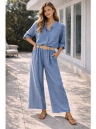 γυναικεία ολόσωμη φόρμα με ζώνη και κουμπιά – αέρινη άνετη γραμμή καλοκαιρινό look - σιέλ | dress up