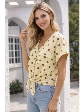 πουκάμισο πουά με κουμπιά και δέσιμο μπροστά – κίτρινο |