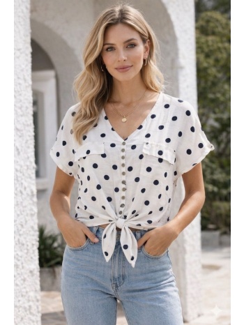 πουκάμισο πουά με κουμπιά και δέσιμο μπροστά – άσπρο |