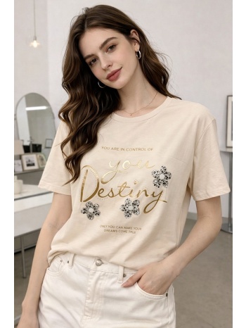 t-shirt με `you destiny` print & στρας - μπεζ | dress up