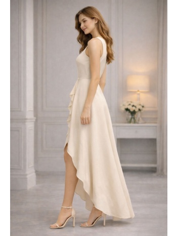 ασύμμετρο maxi φόρεμα με βολάν και σκίσιμο – μπεζ | dress