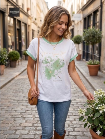 t-shirt με floral print και μήνυμα “have a good day” –