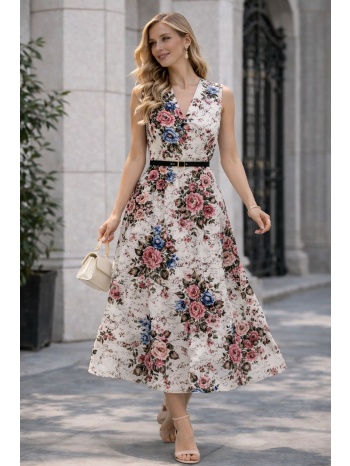 midi φόρεμα εμπριμέ με λουλούδια & ζώνη | dress up άσπρο