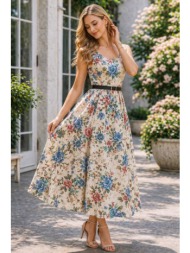 γυναικείο midi floral φόρεμα με τιράντες & ζώνη – ρομαντικό αέρινο φόρεμα σε σιέλ | dress up σιέλ