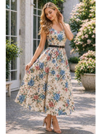 γυναικείο midi floral φόρεμα με τιράντες & ζώνη – ρομαντικό