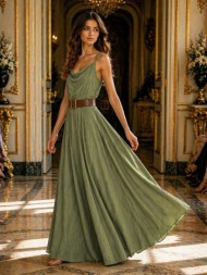 γυναικείο maxi φόρεμα με ραντάκια & ζώνη – αέρινο elegant φόρεμα σε χακί | dress up χακί