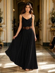γυναικείο maxi φόρεμα με ραντάκια & ζώνη – αέρινο elegant φόρεμα σε μαύρο | dress up μαύρο
