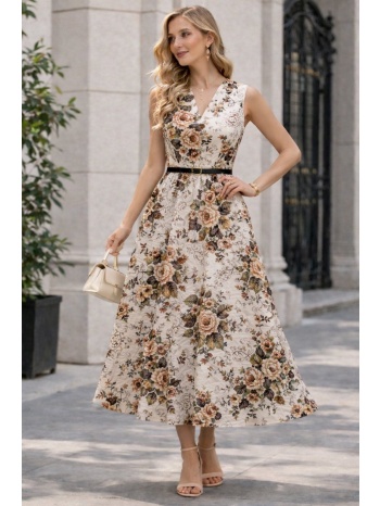 midi φόρεμα εμπριμέ με λουλούδια & ζώνη | dress up άσπρο