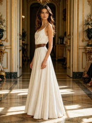 γυναικείο maxi φόρεμα με ραντάκια & ζώνη – αέρινο elegant φόρεμα σε μπεζ | dress up μπεζ