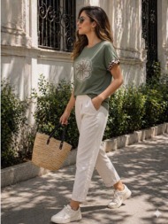 floral μπλούζα με στρογγυλή λαιμόκοψη, κεντήματα & στρας σε άνετη γραμμή - χακί | dress up χακί