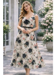 γυναικείο midi floral φόρεμα με τιράντες & ζώνη – ρομαντικό αέρινο φόρεμα σε μαύρο | dress up μαύρο