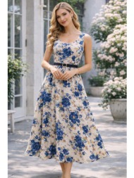 γυναικείο midi floral φόρεμα με τιράντες & ζώνη – ρομαντικό αέρινο φόρεμα σε μπλε | dress up μπλε