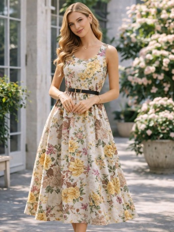 γυναικείο midi floral φόρεμα με τιράντες & ζώνη – ρομαντικό