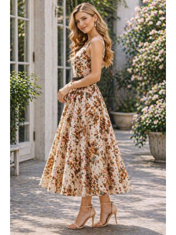 γυναικείο midi floral φόρεμα με τιράντες & ζώνη – ρομαντικό