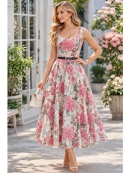 γυναικείο midi floral φόρεμα με τιράντες & ζώνη – ρομαντικό αέρινο φόρεμα σε ροζ | dress up ροζ