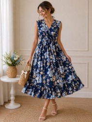 γυναικείο midi φόρεμα floral με v λαιμόκοψη – αέρινο καλοκαιρινό φόρεμα σε μπλε | dress up μπλε