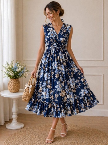 γυναικείο midi φόρεμα floral με v λαιμόκοψη – αέρινο