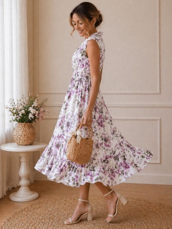 γυναικείο midi φόρεμα floral με v λαιμόκοψη – αέρινο
