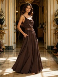 γυναικείο maxi φόρεμα με ραντάκια & ζώνη – αέρινο elegant φόρεμα σε καφέ | dress up καφέ
