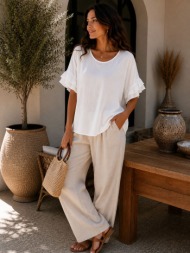 oversized γυναικεία μπλούζα με βολάν μανίκια - μπεζ | dress up άσπρο
