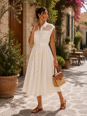 λινό midi φόρεμα με κουμπιά & κέντημα – εκρού | dress up σε προσφορά