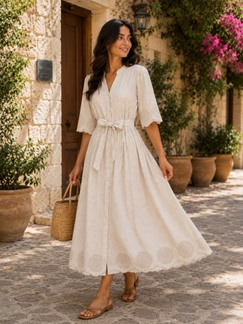 λινό midi φόρεμα με κέντημα & ζώνη – εκρού | dress up εκρού σε προσφορά