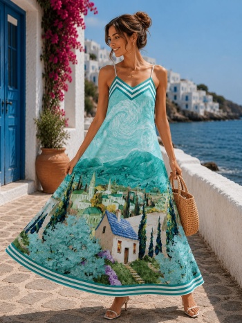 maxi εμπριμέ φόρεμα με τιράντες - βεραμάν | dress up βεραμάν σε προσφορά