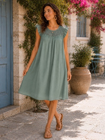 αέρινο midi φόρεμα με δαντέλα - χακί | dress up χακί σε προσφορά