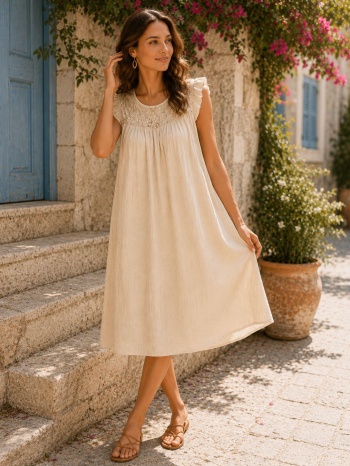 αέρινο midi φόρεμα με δαντέλα - μπεζ | dress up μπεζ σε προσφορά