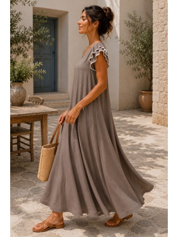 αέρινο maxi φόρεμα με βολάν μανίκια - μπεζ | dress up μπεζ σε προσφορά