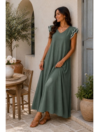 αέρινο maxi φόρεμα με βολάν μανίκια - χακί | dress up χακί σε προσφορά