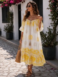 boho maxi φόρεμα off shoulder με ethnic print - κίτρινο | dress up κίτρινο