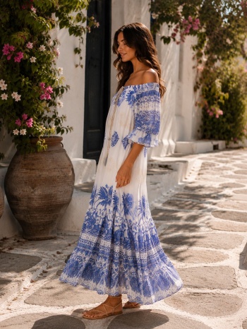 boho maxi φόρεμα off shoulder με ethnic print - σιέλ | σε προσφορά