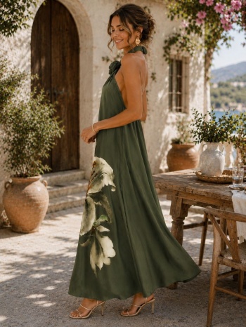 maxi φόρεμα με floral print και δέσιμο στον λαιμό - χακί | σε προσφορά