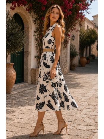 maxi φλοράλ φόρεμα με ζώνη και γιακά - μαύρο | dress up σε προσφορά