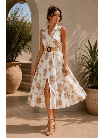 maxi φλοράλ φόρεμα με ζώνη και γιακά - μπεζ | dress up μπεζ σε προσφορά
