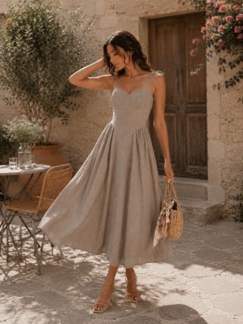 midi φόρεμα με τιράντες & αέρινη γραμμή σε μπεζ | dress up