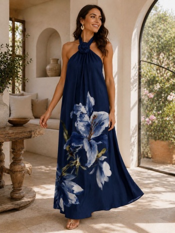 maxi φόρεμα με floral print και δέσιμο στον λαιμό - μπλε | σε προσφορά