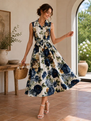 maxi φλοράλ φόρεμα με γιακά και ζώνη - μπλε | dress up μπλε σε προσφορά