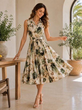 maxi φλοράλ φόρεμα με γιακά και ζώνη - χακί | dress up χακί σε προσφορά