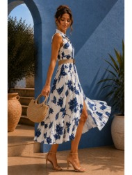 maxi φλοράλ φόρεμα με ζώνη και γιακά - μπλε | dress up μπλε