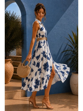 maxi φλοράλ φόρεμα με ζώνη και γιακά - μπλε | dress up μπλε σε προσφορά