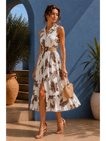maxi φλοράλ φόρεμα με ζώνη και γιακά - καφέ | dress up καφέ σε προσφορά
