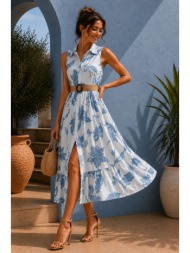 maxi φλοράλ φόρεμα με ζώνη και γιακά - σιέλ | dress up σιέλ