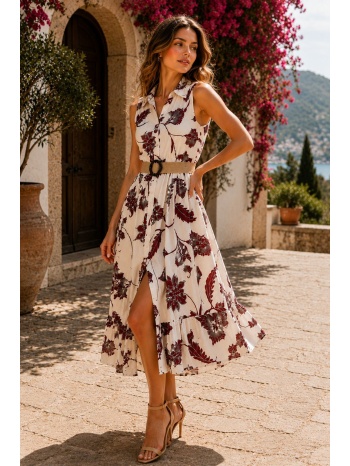 maxi φλοράλ φόρεμα με ζώνη και γιακά - κόκκινο | dress up σε προσφορά